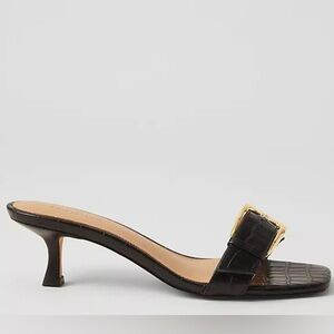 Ann Taylor Black Croc-Pattern Mules with Gold Buckle